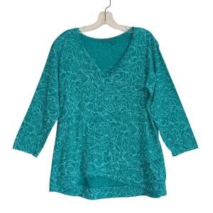Fresh Produce 3/4 Sleeve Split Neck Top Cottage Sustainable Turquoise Womens L